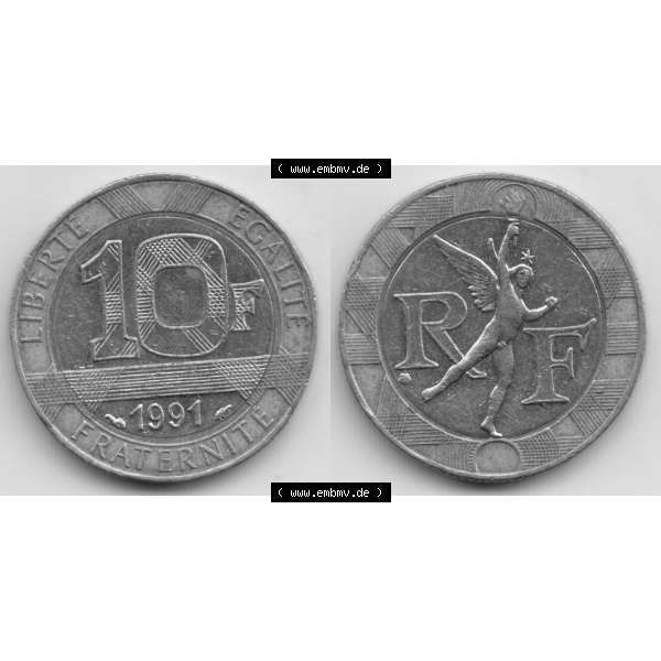 Grau bzw. s/w Münze Frankreich Umlaufmünzen Sammlung in PNG 1991, 10 Francs (3) - Digitales Münzen-Bildmaterial einer französischen Francs Münze aus Frankreich in farbige mit... Sammlung Graustufen