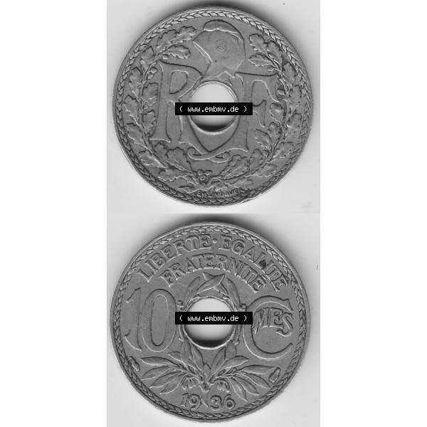 Grau bzw. s/w Münze Frankreich Umlaufmünzen Sammlung in PNG 1917-1938, 10 Centimes - Cmes 1936 (4) - Digitales Münzen-Bildmaterial einer französischen Francs Münze aus Frankreich... Sammlung Graustufen