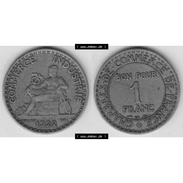 Grau bzw. s/w Münze Frankreich Umlaufmünzen Sammlung in PNG 1922-1927, 1 Franken, BON POUR One Franc, 1922-2 CHAMBRES DE COMMERCE DE FRANCE (3) - Digitales Münzen-Bildmaterial... Sammlung Graustufen