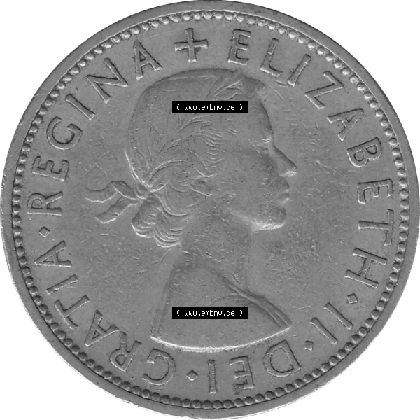 Grau bzw. s/w Münzen Großbritannien Umlaufmünzen Sammlung in PNG Großbritannien 1954-1970, 2 Schilling-Florin, Two Shillings, 1955-01 ELIZABETH II DEI GRATIA REGINA (5)... Sammlung Graustufen