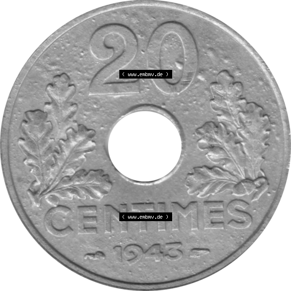 Grau bzw. s/w Münze Frankreich Umlaufmünzen Sammlung in PNG 1941-1944, 20 Centimes, Cent 1943-01 (5) - Digitales Münzen-Bildmaterial einer französischen Francs Münze aus... Sammlung Graustufen