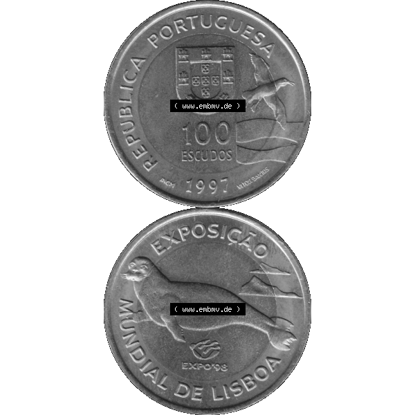 Grau bzw. s/w Alte Gedenkmünze aus Portugal als PNG-Grafik 1997, 100 Escudos, EXPO98, Exposicao, Mundial de Lisaboa. Vorderseite und Rückseite vertikal - untereinander auf einen... Sammlung Graustufen