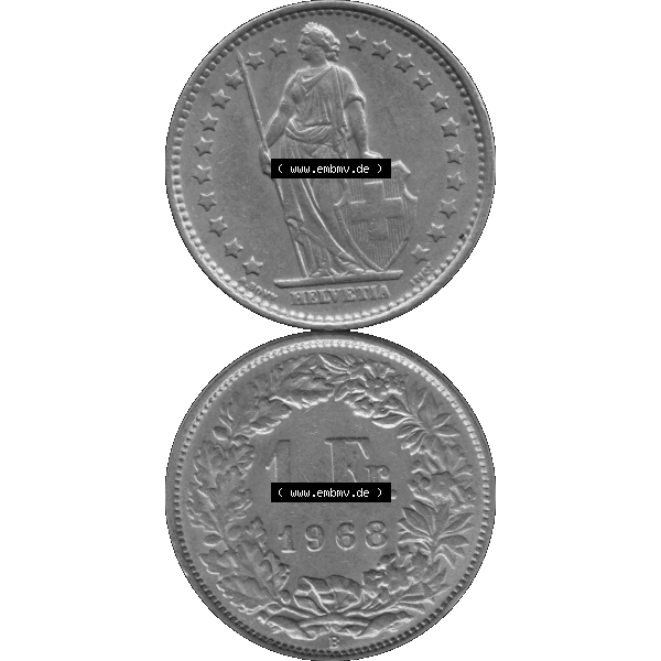 Grau bzw. s/w Alte Münze Schweiz in original Farbgebung vom Scanner transparenten PNG 1968-1982, 1 Franken B 1968-03. Vorderseite und Rückseite der Münze Umlaufmünze / Kursmünze... Sammlung Graustufen