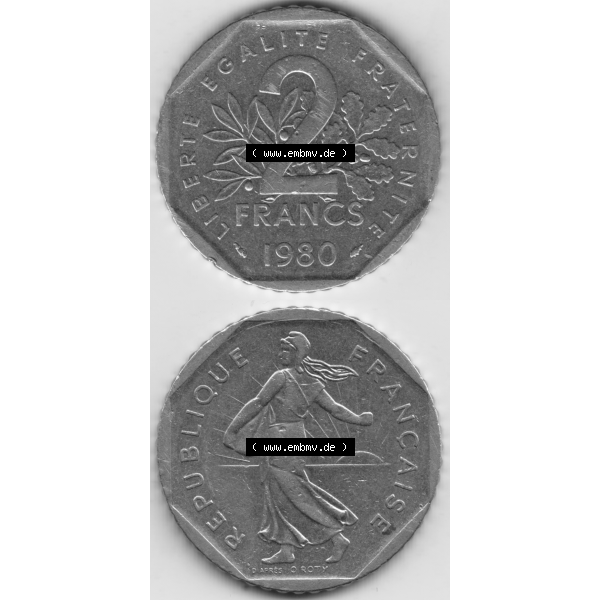 Grau bzw. s/w Münze Frankreich Umlaufmünzen Sammlung in PNG 1979-2001, 2 Francs Säerin Semeuse (4) - Digitales Münzen-Bildmaterial einer französischen Francs Münze aus Frankreich... Sammlung Graustufen