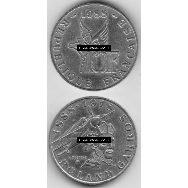 Grau bzw. s/w Münze Frankreich Umlaufmünzen Sammlung in PNG 1988-1988, 10 Francs Roland Garros (4) - Digitales Münzen-Bildmaterial einer französischen Francs Münze aus Frankreich... Sammlung Graustufen