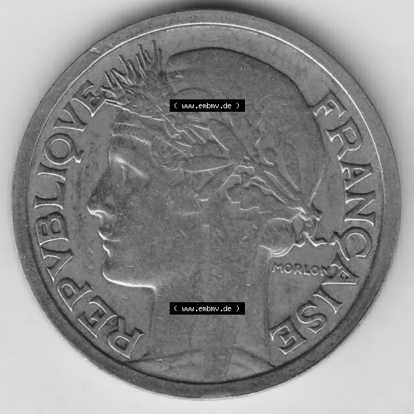 Grau bzw. s/w Münze Frankreich Umlaufmünzen Sammlung in PNG 1931-1941, 2 Franken 1938-1 LIBERTE EGALITE FRATERNITE (1) - Digitales Münzen-Bildmaterial einer französischen Francs Münze... Sammlung Graustufen