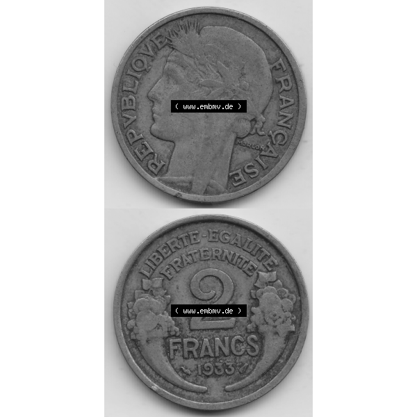 Grau bzw. s/w Münze Frankreich Umlaufmünzen Sammlung in PNG 1931-1941, 2 Franken 1933-1 LIBERTE EGALITE FRATERNITE (4) - Digitales Münzen-Bildmaterial einer französischen Francs Münze... Sammlung Graustufen