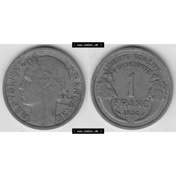 Grau bzw. s/w Münze Frankreich Umlaufmünzen Sammlung in PNG 1931-1941, 1 Franken, 1 Franc, 1936-1 LIBERTE EGALITE FRATERNITE (3) - Digitales Münzen-Bildmaterial einer französischen... Sammlung Graustufen