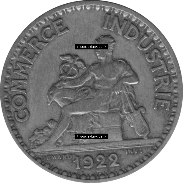 Grau bzw. s/w Münze Frankreich Umlaufmünzen Sammlung in PNG 1920-1927, 1 Francs, Franken 1922-01 (6) - Digitales Münzen-Bildmaterial einer französischen Francs Münze aus... Sammlung Graustufen