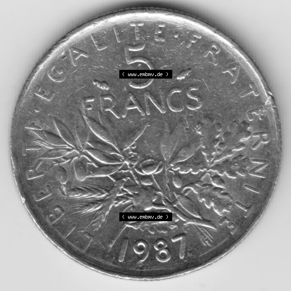 Grau bzw. s/w Münze Frankreich Umlaufmünzen Sammlung in PNG 1970-2001, 5 Francs Liberte Egalite Fraternite (1) - Digitales Münzen-Bildmaterial einer französischen Francs Münze... Sammlung Graustufen