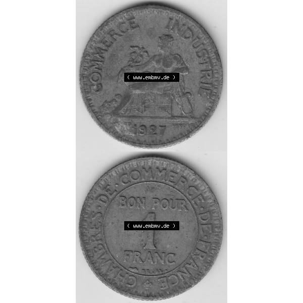 Grau bzw. s/w Münze Frankreich Umlaufmünzen Sammlung in PNG 1920-1927, 1 Franken BON POUR 1 FRANC 1927 (4) - Digitales Münzen-Bildmaterial einer französischen Francs Münze aus... Sammlung Graustufen