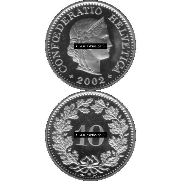 Grau bzw. s/w Alte Münze KMS Schweiz in original Farbgebung vom Scanner transparenten PNG 1940-2018, 10 Rappen 2002. Vorderseite und Rückseite der Münze Umlaufmünze / Kursmünze... Sammlung Graustufen