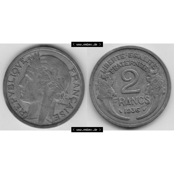 Grau bzw. s/w Münze Frankreich Umlaufmünzen Sammlung in PNG 1931-1941, 2 Franken 1936-1 LIBERTE EGALITE FRATERNITE (3) - Digitales Münzen-Bildmaterial einer französischen Francs Münze... Sammlung Graustufen