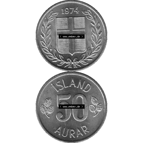 Grau bzw. s/w Alte Münze Island Umlaufmünze 1969-1974, 50 Aurar 1974-01, 50 Isländische Aurar. Vorderseite und Rückseite der Münze, Umlaufmünze / Kursmünze... Sammlung Graustufen