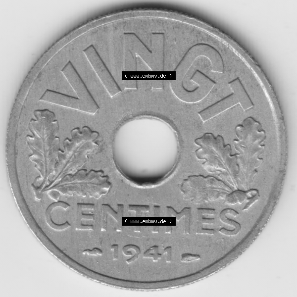 Grau bzw. s/w Münze Frankreich Umlaufmünzen Sammlung in PNG 1941-1941, VINGT 20 Centimes, Cent (1) - Digitales Münzen-Bildmaterial einer französischen Francs Münze aus... Sammlung Graustufen