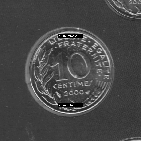 Grau bzw. s/w Münze Frankreich Umlaufmünzen Sammlung in PNG 2000, 10 Centimes (1) - Digitales Münzen-Bildmaterial einer französischen Francs Münze aus Frankreich in farbige mit... Sammlung Graustufen
