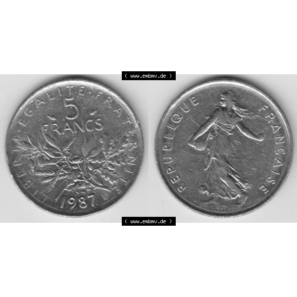 Grau bzw. s/w Münze Frankreich Umlaufmünzen Sammlung in PNG 1970-2001, 5 Francs Liberte Egalite Fraternite (3) - Digitales Münzen-Bildmaterial einer französischen Francs Münze... Sammlung Graustufen