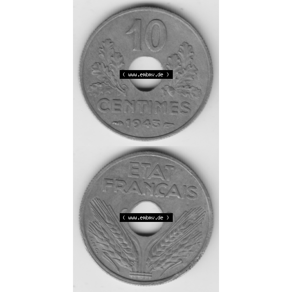 Grau bzw. s/w Münze Frankreich Umlaufmünzen Sammlung in PNG 1941-1943, 10 Centimes, Etat Francais 1943 (4) - Digitales Münzen-Bildmaterial einer französischen Francs Münze... Sammlung Graustufen