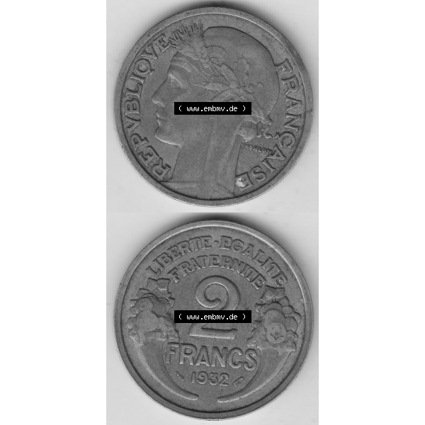 Grau bzw. s/w Münze Frankreich Umlaufmünzen Sammlung in PNG 1931-1941, 2 Franken 1932-2 LIBERTE EGALITE FRATERNITE (4) - Digitales Münzen-Bildmaterial einer französischen Francs Münze... Sammlung Graustufen