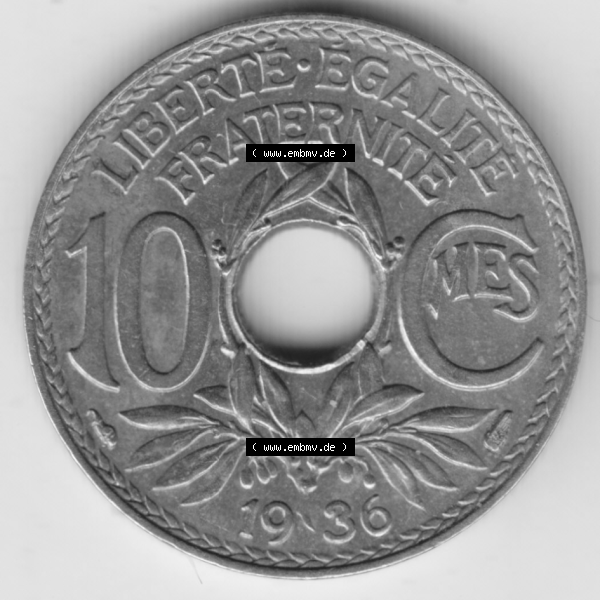 Grau bzw. s/w Münze Frankreich Umlaufmünzen Sammlung in PNG 1917-1938, 10 Centimes, Cent 1936 (1) - Digitales Münzen-Bildmaterial einer französischen Francs Münze aus Frankreich... Sammlung Graustufen