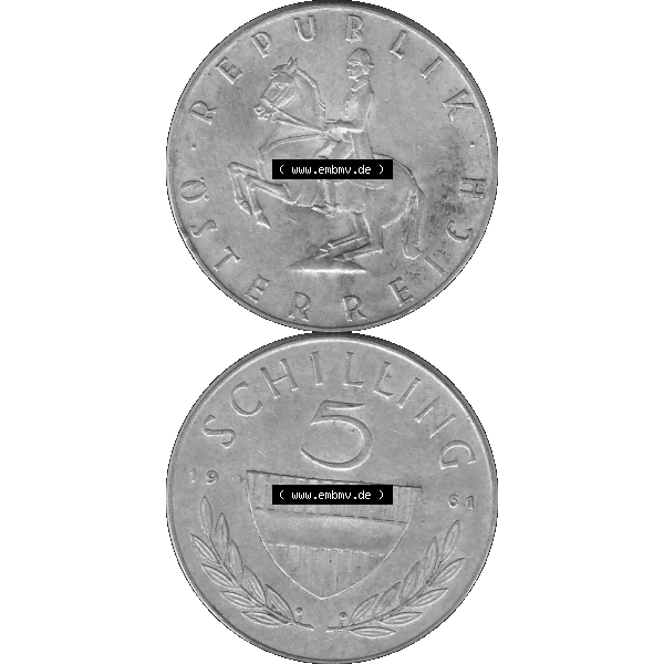Grau bzw. s/w Alte Münze 5 / Fünf Schilling Österreich in original Farbgebung von Scanner transparenten PNG 1960-1968, 5 Fünf Schilling 1961-02, 5,20 Gramm 640er Silber,... Sammlung Graustufen