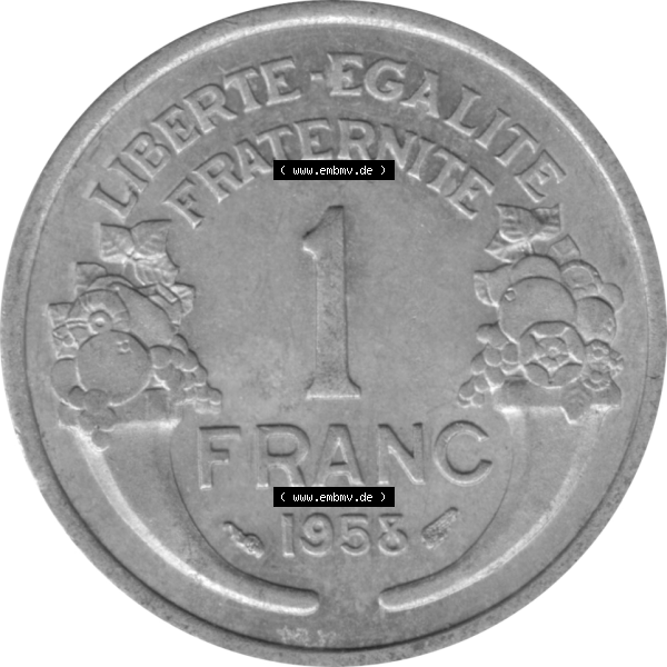 Grau bzw. s/w Münze Frankreich Umlaufmünzen Sammlung in PNG 1941-1959, 1 Francs, Franken 1958-01 (5) - Digitales Münzen-Bildmaterial einer französischen Francs Münze aus... Sammlung Graustufen