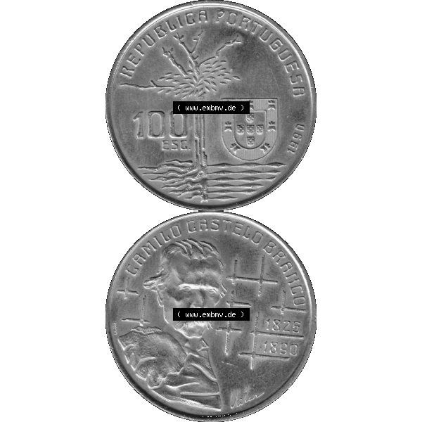Grau bzw. s/w Alte Gedenkmünze aus Portugal als PNG-Grafik 1990, 100 Escudos, Camilo Castelo Braiico. Vorderseite und Rückseite vertikal - untereinander auf einen Bild/Foto zusammengefügt... Sammlung Graustufen