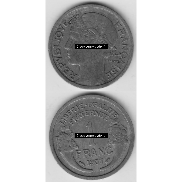 Grau bzw. s/w Münze Frankreich Umlaufmünzen Sammlung in PNG 1931-1941, 1 Franken, 1 Franc, 1937-1 LIBERTE EGALITE FRATERNITE (4) - Digitales Münzen-Bildmaterial einer französischen... Sammlung Graustufen