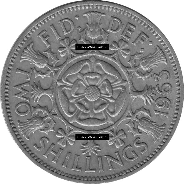 Grau bzw. s/w Münzen Großbritannien Umlaufmünzen Sammlung in PNG Großbritannien 1954-1970, 2 Schilling-Florin, Two Shillings, 1963-01 ELIZABETH II DEI GRATIA REGINA (6)... Sammlung Graustufen