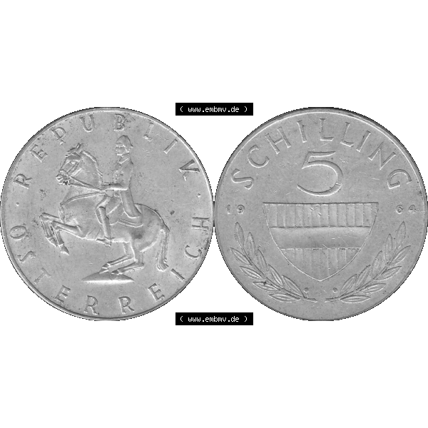 Grau bzw. s/w Alte Münze 5 / Fünf Schilling Österreich in original Farbgebung von Scanner transparenten PNG 1960-1968, 5 Fünf Schilling 1964-01, 5,20 Gramm 640er Silber,... Sammlung Graustufen