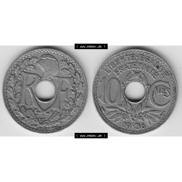 Grau bzw. s/w Münze Frankreich Umlaufmünzen Sammlung in PNG 1917-1938, 10 Centimes - Cmes 1936 (3) - Digitales Münzen-Bildmaterial einer französischen Francs Münze aus Frankreich... Sammlung Graustufen