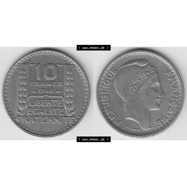 Grau bzw. s/w Münze Frankreich Umlaufmünzen Sammlung in PNG 1947-1949, 10 Francs, Franken 1948 (3) - Digitales Münzen-Bildmaterial einer französischen Francs Münze aus... Sammlung Graustufen