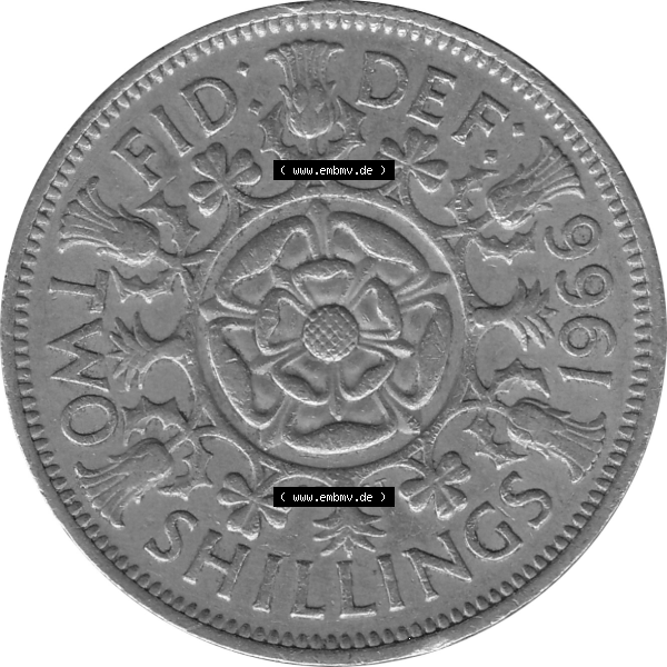 Grau bzw. s/w Münzen Großbritannien Umlaufmünzen Sammlung in PNG Großbritannien 1954-1970, 2 Schilling-Florin, Two Shillings, 1966-03 ELIZABETH II DEI GRATIA REGINA (6)... Sammlung Graustufen