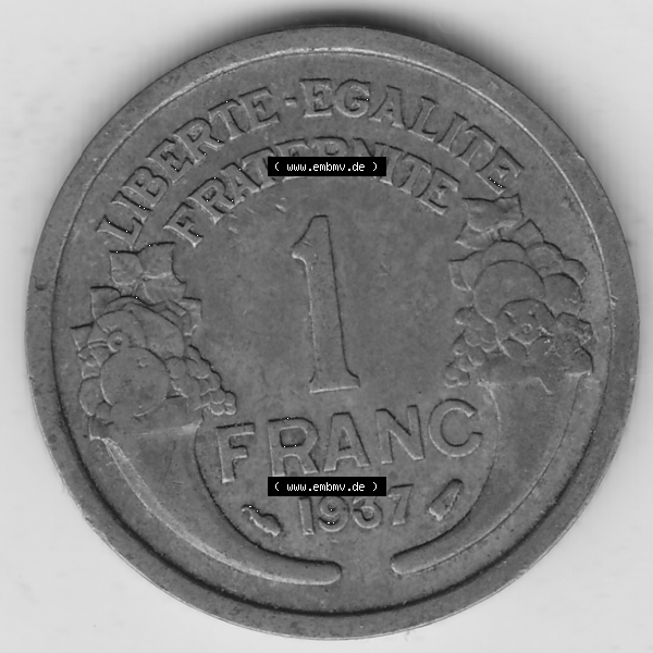 Grau bzw. s/w Münze Frankreich Umlaufmünzen Sammlung in PNG 1931-1941, 1 Franken, 1 Franc, 1937-1 LIBERTE EGALITE FRATERNITE (2) - Digitales Münzen-Bildmaterial einer französischen... Sammlung Graustufen
