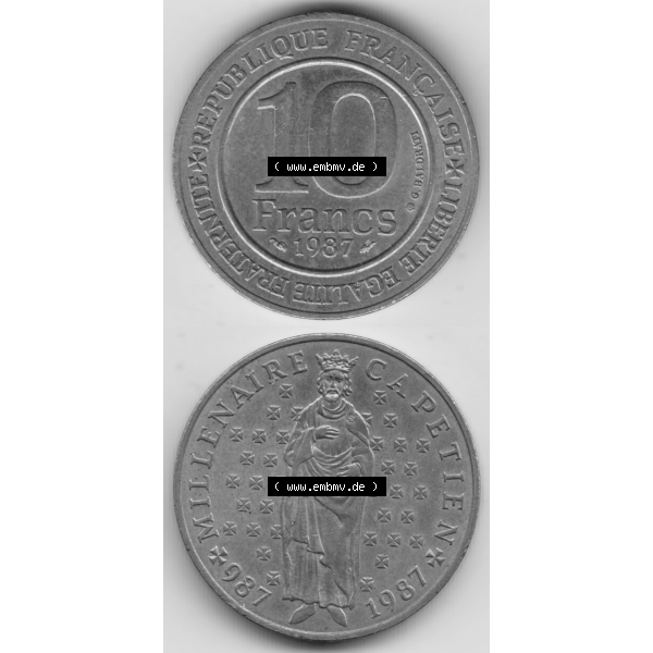 Grau bzw. s/w Münze Frankreich Umlaufmünzen Sammlung in PNG 1987-1987, 10 Francs 1000 Jahre König Hugo Capet erster König von Frankreich (4) - Digitales Münzen-Bildmaterial einer... Sammlung Graustufen
