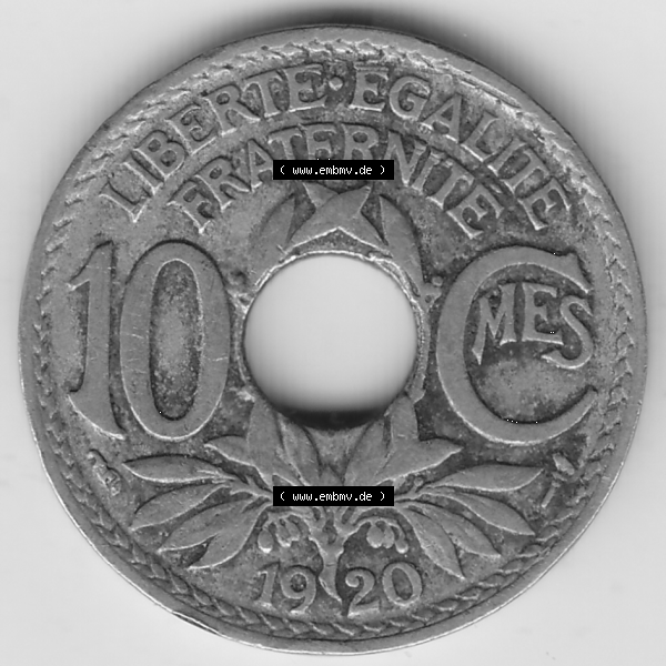 Grau bzw. s/w Münze Frankreich Umlaufmünzen Sammlung in PNG 1917-1938, 10 Centimes - Cmes 1920 (2) - Digitales Münzen-Bildmaterial einer französischen Francs Münze aus Frankreich... Sammlung Graustufen