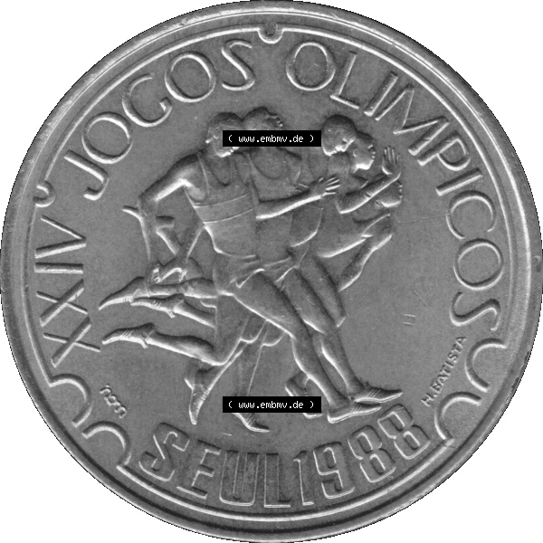 Grau bzw. s/w Alte Gedenkmünze aus Portugal als PNG-Grafik 1988, 250 Escudos, XXIV Jogos Olimpicos Seul 1988, Olympiade. Rückseite der portugiesischen Gedenkmünze aus Portugal... Sammlung Graustufen
