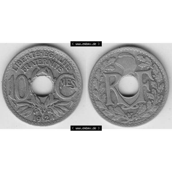 Grau bzw. s/w Münze Frankreich Umlaufmünzen Sammlung in PNG 1917-1938, 10 Centimes, Cent 1924 (3) - Digitales Münzen-Bildmaterial einer französischen Francs Münze aus Frankreich... Sammlung Graustufen