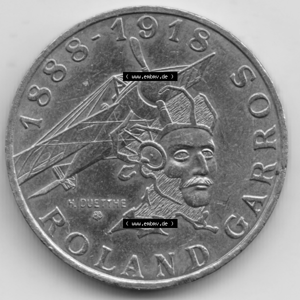 Grau bzw. s/w Münze Frankreich Umlaufmünzen Sammlung in PNG 1988-1988, 10 Francs Roland Garros (1) - Digitales Münzen-Bildmaterial einer französischen Francs Münze aus Frankreich... Sammlung Graustufen