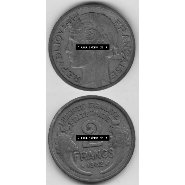Grau bzw. s/w Münze Frankreich Umlaufmünzen Sammlung in PNG 1931-1941, 2 Franken 1932-1 LIBERTE EGALITE FRATERNITE (4) - Digitales Münzen-Bildmaterial einer französischen Francs Münze... Sammlung Graustufen