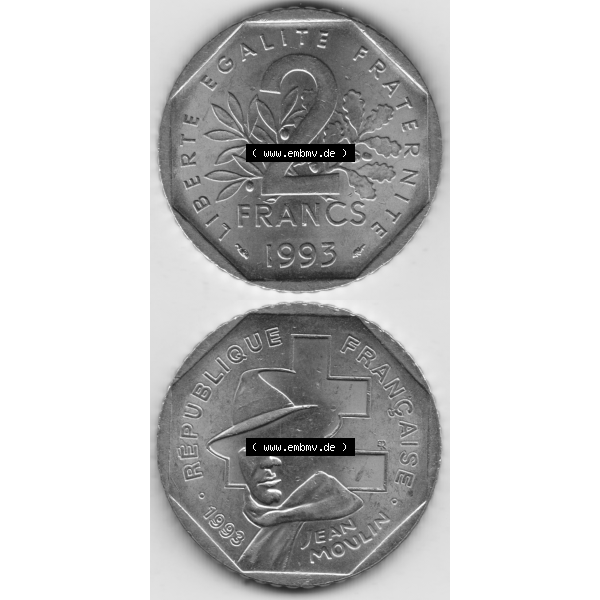 Grau bzw. s/w Münze Frankreich Umlaufmünzen Sammlung in PNG 1993-1993, 2 Francs Jean Moulin (4) - Digitales Münzen-Bildmaterial einer französischen Francs Münze aus Frankreich... Sammlung Graustufen