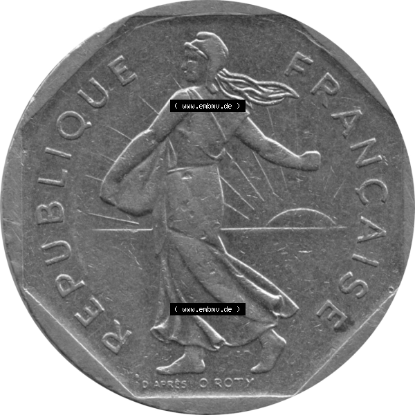 Grau bzw. s/w Münze Frankreich Umlaufmünzen Sammlung in PNG 1979-2001, 2 Francs Säerin Semeuse 1980-01 (6) - Digitales Münzen-Bildmaterial einer französischen Francs Münze... Sammlung Graustufen