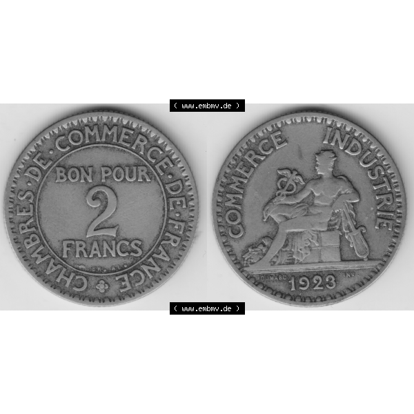 Grau bzw. s/w Münze Frankreich Umlaufmünzen Sammlung in PNG 1920-1927, 2 Francs, Franken 1923 (3) - Digitales Münzen-Bildmaterial einer französischen Francs Münze aus Frankreich... Sammlung Graustufen