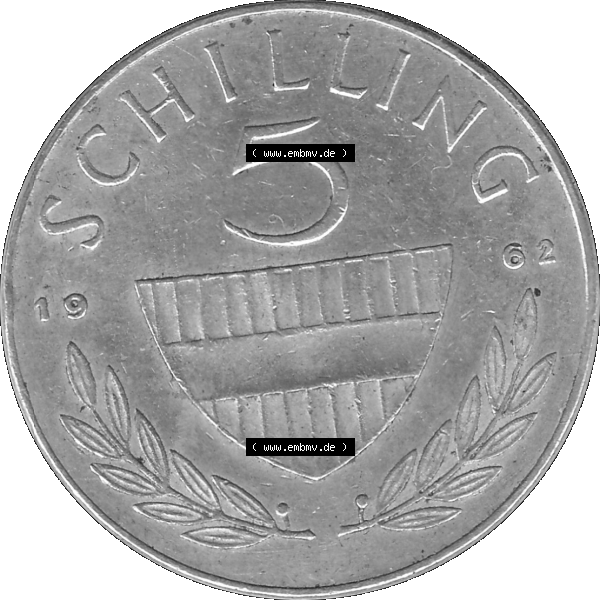 Grau bzw. s/w Alte Münze 5 / Fünf Schilling Österreich in original Farbgebung von Scanner transparenten PNG 1960-1968, 5 Fünf Schilling 1962-01, 5,20 Gramm 640er Silber,... Sammlung Graustufen