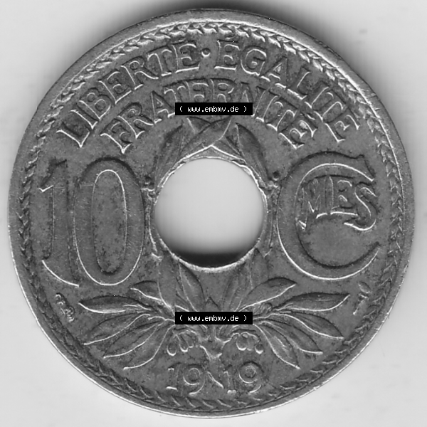 Grau bzw. s/w Münze Frankreich Umlaufmünzen Sammlung in PNG 1917-1938, 10 Centimes, RF - Frankreich 10 CMES EGALITÉ FRATERNITÉ LIBERTÉ 1919-1 (2) - Digitales Münzen-Bildmaterial... Sammlung Graustufen