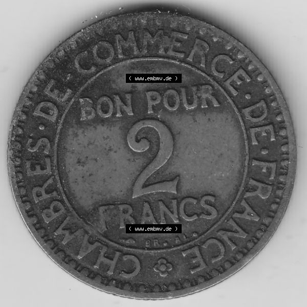 Grau bzw. s/w Münze Frankreich Umlaufmünzen Sammlung in PNG 1920-1927, 2 Francs - Franken 1922-2 (2) - Digitales Münzen-Bildmaterial einer französischen Francs Münze aus Frankreich... Sammlung Graustufen