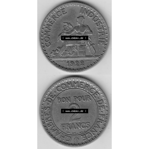 Grau bzw. s/w Münze Frankreich Umlaufmünzen Sammlung in PNG 1920-1927, 2 Francs - Franken 1922-1 (4) - Digitales Münzen-Bildmaterial einer französischen Francs Münze aus Frankreich... Sammlung Graustufen