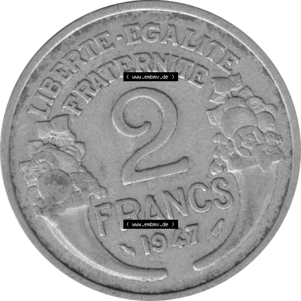 Grau bzw. s/w Münze Frankreich Umlaufmünzen Sammlung in PNG 1941-1959, 2 Francs, Franken 1947-01 (5) - Digitales Münzen-Bildmaterial einer französischen Francs Münze aus... Sammlung Graustufen