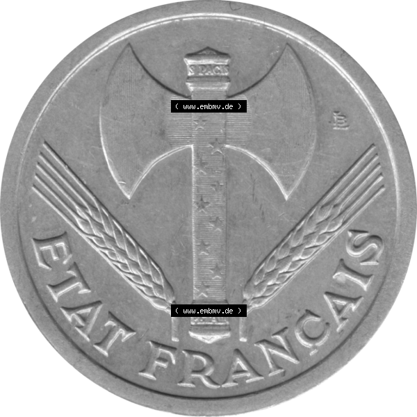 Grau bzw. s/w Münze Frankreich Umlaufmünzen Sammlung in PNG 1943-1944, 2 Francs, Franken 1943-01 (6) - Digitales Münzen-Bildmaterial einer französischen Francs Münze aus... Sammlung Graustufen
