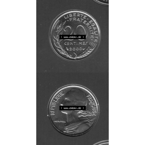 Grau bzw. s/w Münze Frankreich Umlaufmünzen Sammlung in PNG 2000, 20 Centimes (4) - Digitales Münzen-Bildmaterial einer französischen Francs Münze aus Frankreich in farbige mit... Sammlung Graustufen